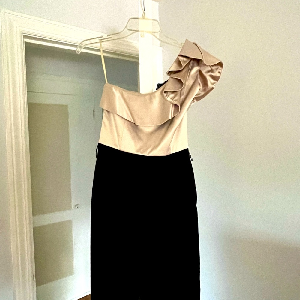 White House Black Market black & gold satin one shoulder dress